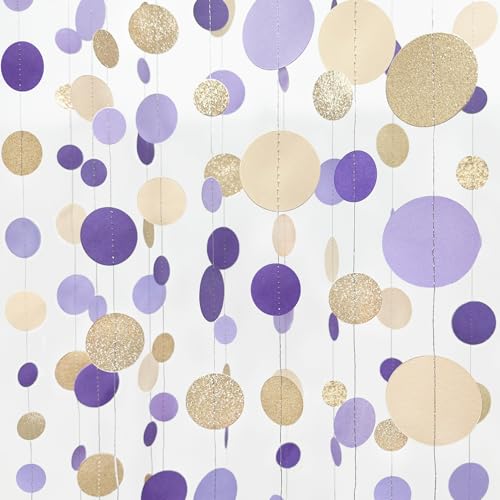 Champagne Gold Purple Cream Nude Polka Dots Garland Lavender Hanging Paper Circle Dot Streamer for Birthday Wedding Shower Engagement Bridal Shower Lilac Violet Theme Party Decorations Supplies