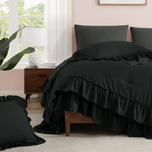 Queen Comforter Set Black Ruffle 7 Pieces Farmhouse Bed in a Bag