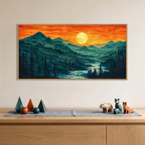 Boho Mountain Sunset Landscape Framed Canvas Wall Art