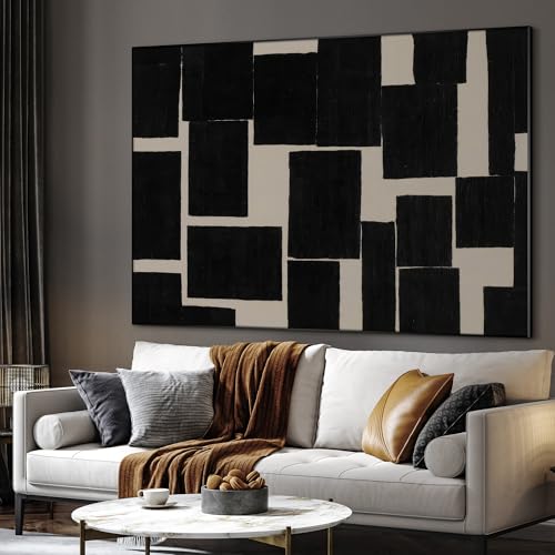 60"x72" Extra Large Framed Wall Art Modern Abstract Black and Beige Geometric Blocks for Home Living Room Bedroom Decor
