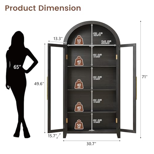 71" Arched Kitchen Pantry Storage Cabinet with Glass Doors