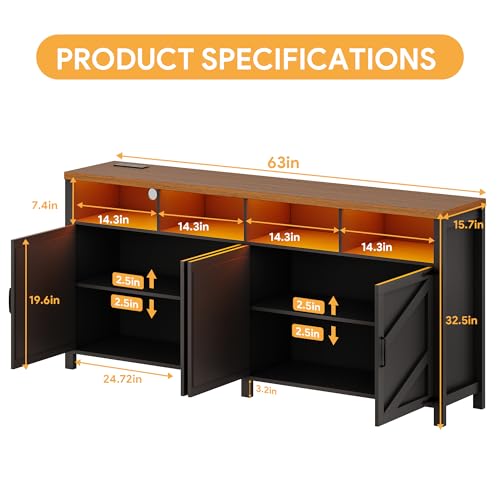 Buffet Sideboard with Storage with Power Outlets & LED Light