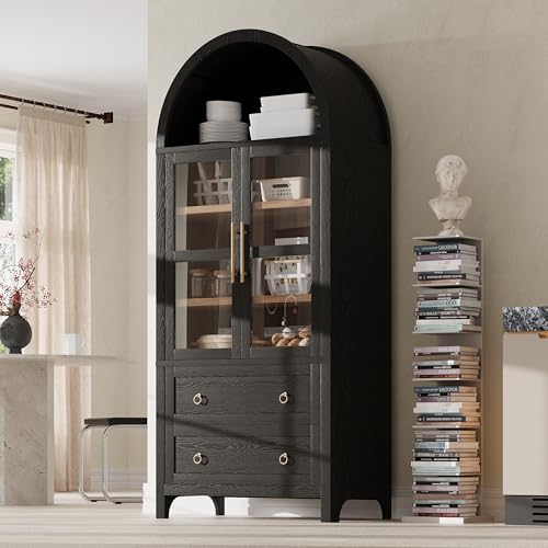 71" Arched Storage Cabinets with Glass Doors Farmhouse Kitchen Pantry