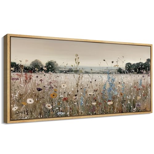 Extra Large Framed Canvas Print Wall Art Wildflower Meadow Landscape Blooming Field Illustrations Fine Art Illustrations Decorative Colorful for Bedroom