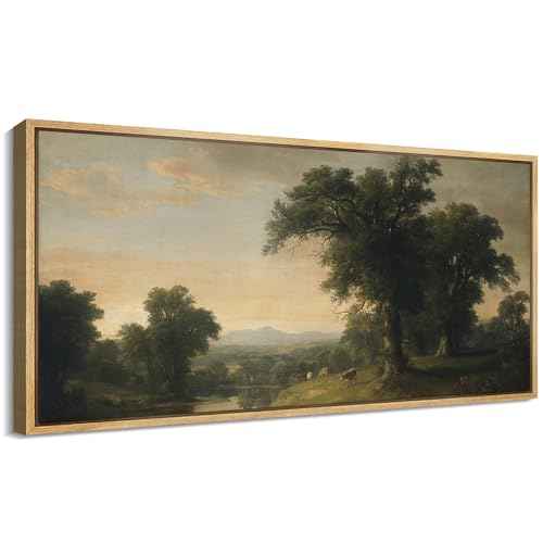 Extra Large Framed Canvas Print Wall Art Pastoral Countryside Landscape Serene River View with Cows and Trees Illustrations Fine Art Illustrations Decorative Colorful for Bedroom