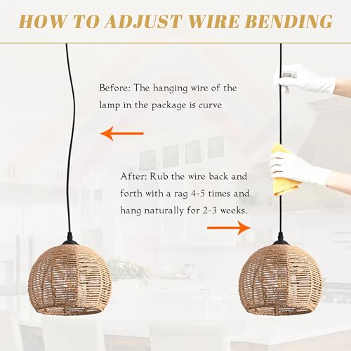 2 Pack Wicker Pendant Light Natural Woven Pendant Light Boho Chandelier Light Fixture Dome Rustic Farmhouse Pendant Lights Rattan Light Fixture for Kitchen Island Dining Room