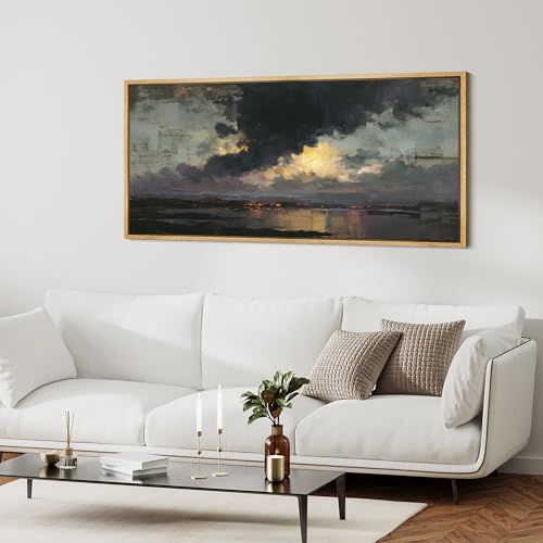 Extra Large Framed Canvas Print Wall Art Misty Lake Landscape Antique Retro Fine Art Illustrations Decorative Colorful for Bedroom