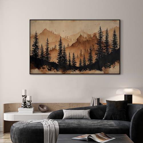 30"x60" Extra Large Framed Wall Art Rustic Mountain Pine Forest Silhouette in Warm Earth Tones for Home Living Room Bedroom Decor