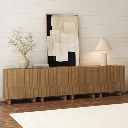 Kelly Mid Century Style Credenza with Geometric Carved Doors (4 Count)