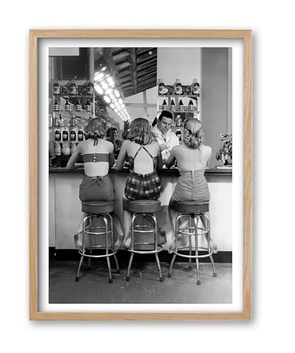 12x16in Natural OAK Wood Framed Women at the Bar Wall Art