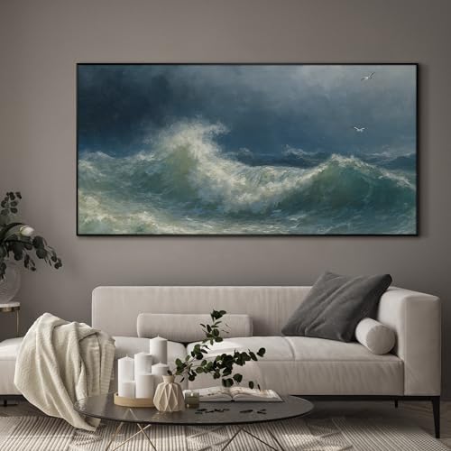 24"x46" Extra Large Framed Wall Art Dramatic Ocean Waves with Stormy Sky and Seagulls for Home Living Room Bedroom Decor