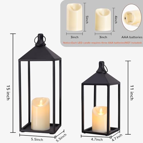 2 Pcs Black Decorative Metal Lanterns Farmhouse Lantern Decor with Candles (70 Count)