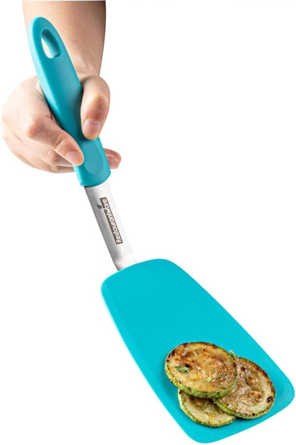 Restaurantware Comfy Grip Silicone Turner 1 Durable Cooking Turner - Stainless Steel Body Rubber Handle With Hole Turquoise Silicone Flipper Spatula Tolerates Up To 446F Dishwashable