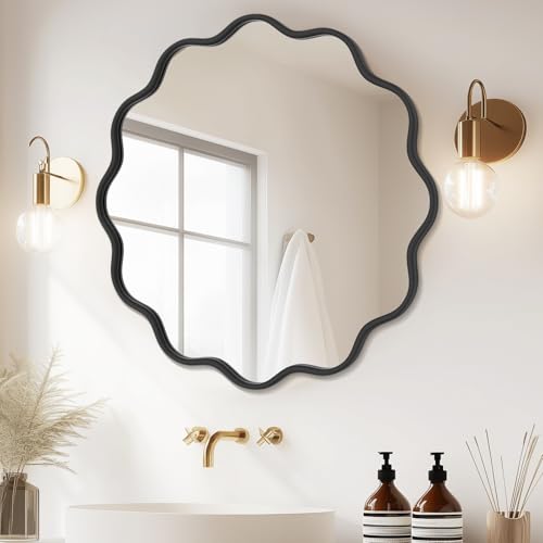 Black Round Mirror 36 Inch Wavy Bathroom Vanity Mirror Black Frame Modern Wall Mirror Decorative Wall