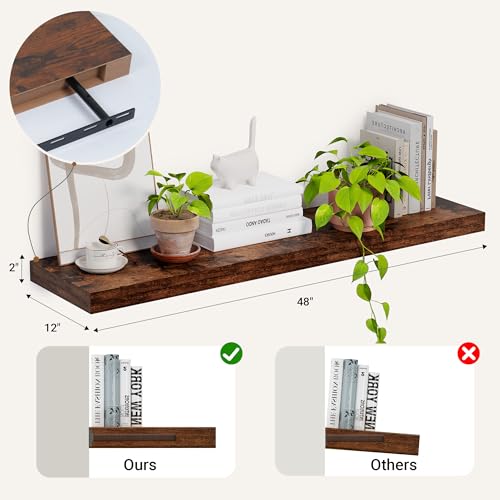 72 x 12 Deep Floating Shelves Wall Mounted Set of 2 Rustic Brown