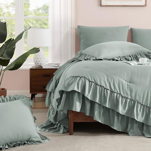 Full Size Comforter Set Sage Green Ruffle 7 Pieces Farmhouse Bed in a Bag