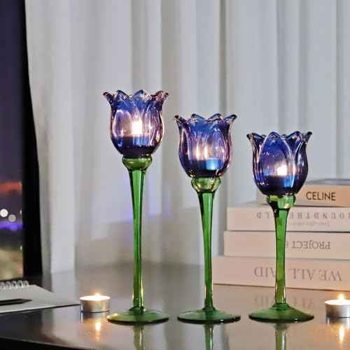 Blue Flower Tealight Candle Holder Set of 3