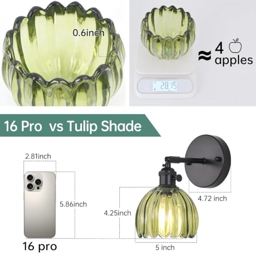 Vintage Battery Operated Wall Sconce with Green Tulip Glass Lampshade Rechargeable Battery Powered Black Wall Light with Remote Control for Bedside Bedroom Doorway (2 Count)