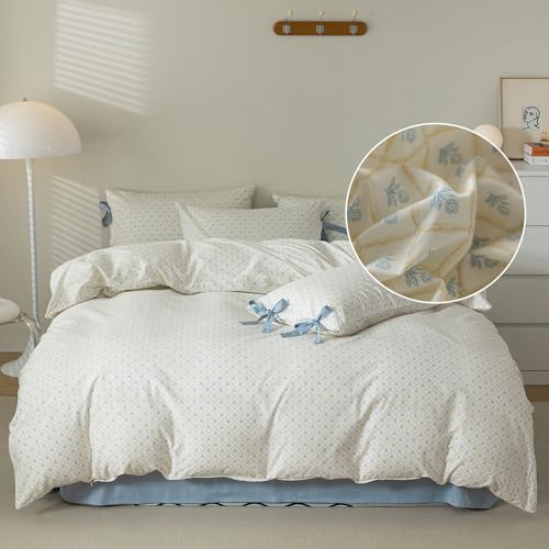 Blue Floral Comforter Queen Comforter Set Cute Blue Flower Bedding Comforter Set for Kids Girls Chic Floral Cottagecore Bedding Set Vintage Botanical Comforter with 2 Bowknot Bow Tie Pillowcases (3 Piece Set)