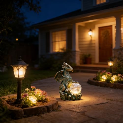 JOYBEE Dragon Solar Garden Statues Outdoor Decoration with Magic Orb