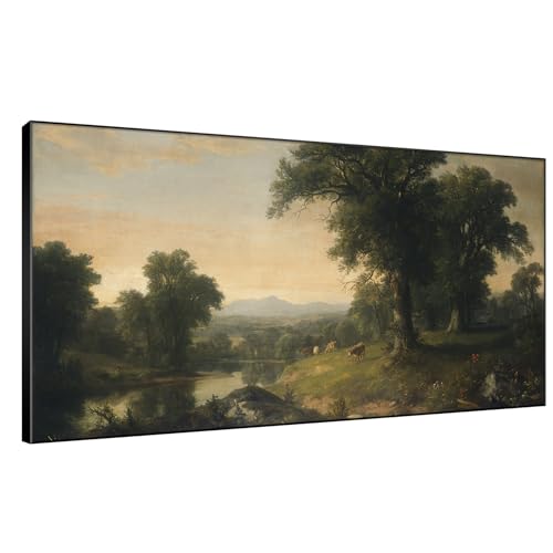 36"x72" Extra Large Framed Wall Art Classic River Valley Landscape Vintage Style Countryside with Trees and Cows Illustration for Home Living Room Bedroom Decor