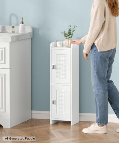 Rattan Small Bathroom Cabinet Narrow Toilet Paper Organizer White