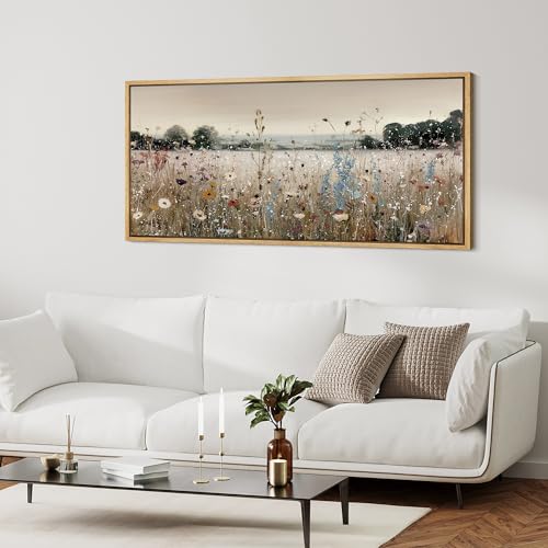 Extra Large Framed Canvas Print Wall Art Wildflower Meadow Landscape Blooming Field Illustrations Fine Art Illustrations Decorative Colorful for Bedroom