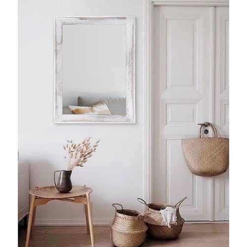 Mirrors for Wall Rustic Wood Framed Hanging Mirror 26"x18" Decorative for Farmhouse Bedroom Bathroom Living Room Entryway Hallway White