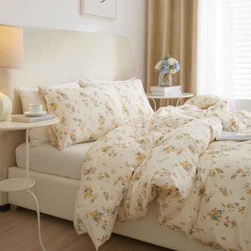 Vintage Yellow Floral Comforter Set King Garden Style Aesthetic Flower Comforter for King Bed Fluffy Lightweight Chic Botanical Floral Bedding Cottagecore Comforter Farmhouse Boho Comforter Set