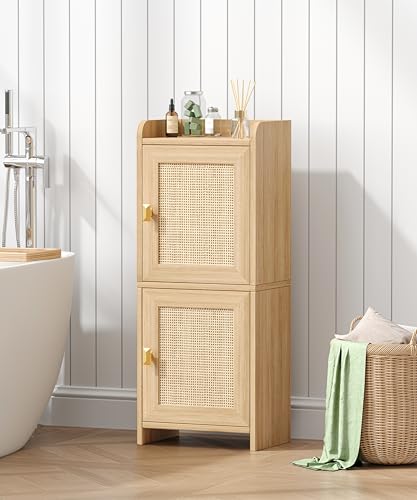 Rattan Small Bathroom Cabinet Narrow Toilet Paper Organizer Oak