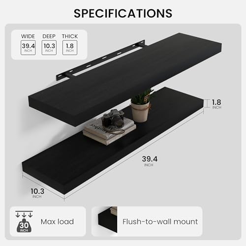 Floating Shelves 39.4" W x 10.3" D Black Set of 2 (2 Count)