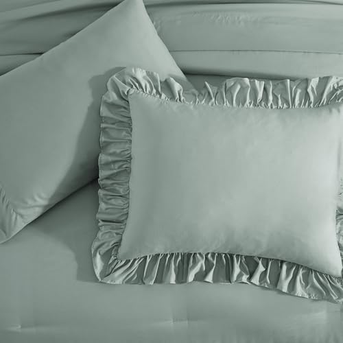 Full Size Comforter Set Sage Green Ruffle 7 Pieces Farmhouse Bed in a Bag