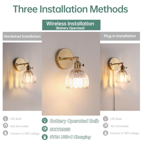 Vintage Battery Operated Wall Sconce with Transparent Tulip Glass Lampshade Rechargeable Battery Powered Wall Light with Remote Control for Bedside Bedroom Doorway (2 Count)