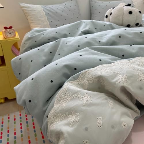 Lace Comforter Set Full Size Cute Black Dots Bedding Set Lightweight Soft Girls Princess Style Comforter with 2 Pillowcases Romantic Lace Design Chic Polka Dots Comforter Set for All Seasons