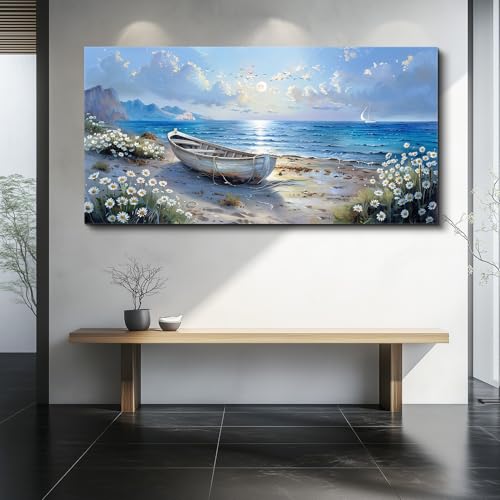 Wall Art For Living Room Canvas Wall Decor For Bedroom Office White Flower Seaside Landscape Painting Restaurant Decorations Printing Picture Artwork Ready To Hang Home Decoration 20"X40"