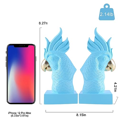 Unique Blue Parrot Decorative Bookends for Home Office Shelves Decor (2 Count)