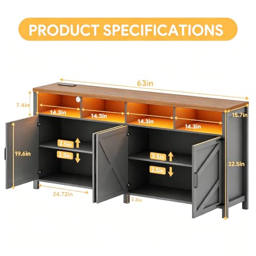 Buffet Sideboard with Storage with Power Outlets & LED Light