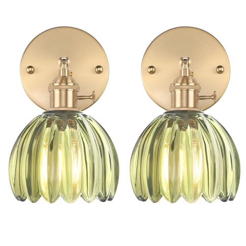 Vintage Wall Sconces Set of 2 with Green Tulip Glass Lampshade 180 Degree Adjustable Brass Sconces Hradwired Modern Wall Lighting Fixture with Switch for Bedside Bedroom Doorway (2 Count)
