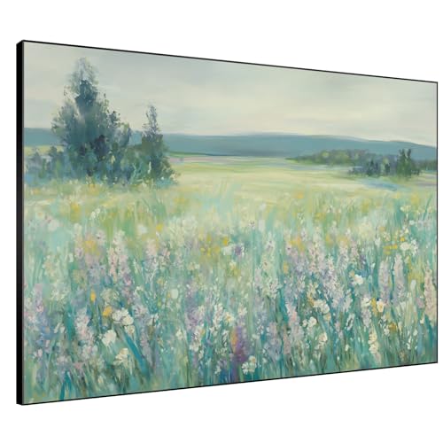 60"x72" Extra Large Framed Wall Art Wildflower Meadow Landscape Soft Pastel Nature Illustration for Home Living Room Bedroom Decor