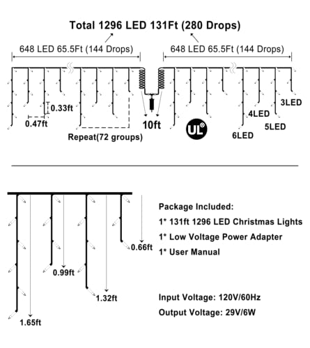 1296 LED 131FT Christmas Icicle Lights (131 Foot)