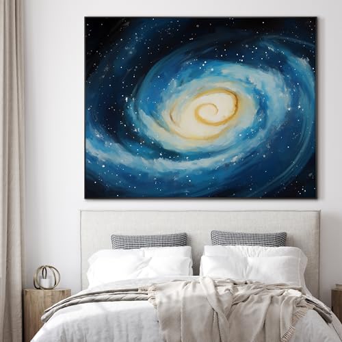 36"x46" Extra Large Framed Wall Art Spiral Galaxy Vivid Blue and Yellow Cosmic Space Illustration for Home Living Room Bedroom Decor