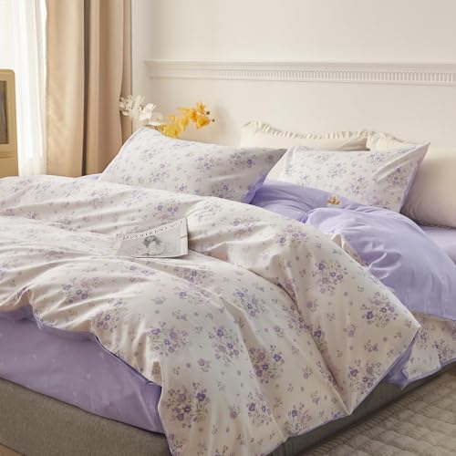 Vintage Floral Comforter Set Queen Purple Flower Bedding Comforter for Queen Bed Boho Garden Floral Botanical Comforter with 2 Pillowcases Farmhouse Bedding Girls Floral Comfy Comforter Set