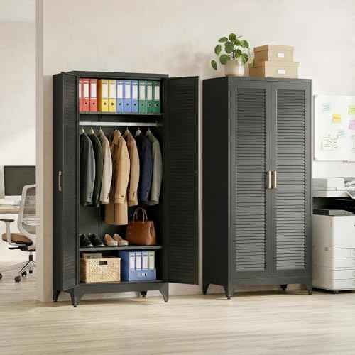 71" Tall Black Wardrobe Closet with Door and Adjustable Shelves