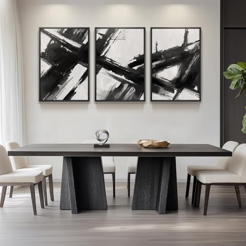 Large Framed Black and White Abstract Canvas Wall Art for Living Room (3 Count)