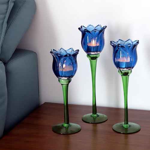 Blue Flower Tealight Candle Holder Set of 3