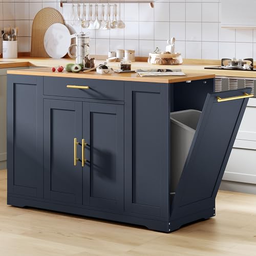 53 inch Large Rolling Kitchen Island with Trash Can Storage Cabinet