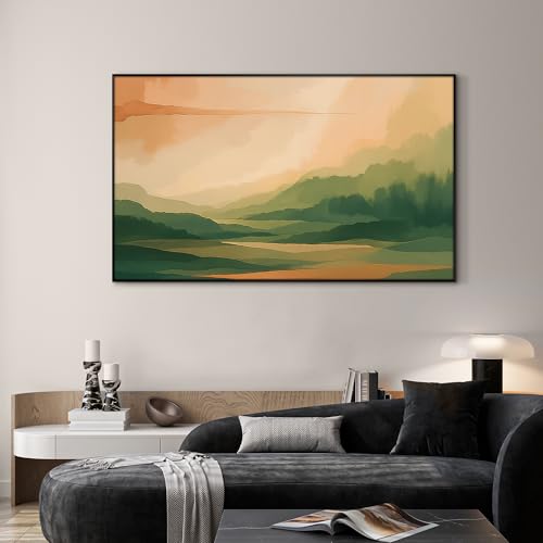 36"x60" Extra Large Framed Wall Art Serene Green Mountains Horizon Landscape Illustration for Home Living Room Bedroom Decor