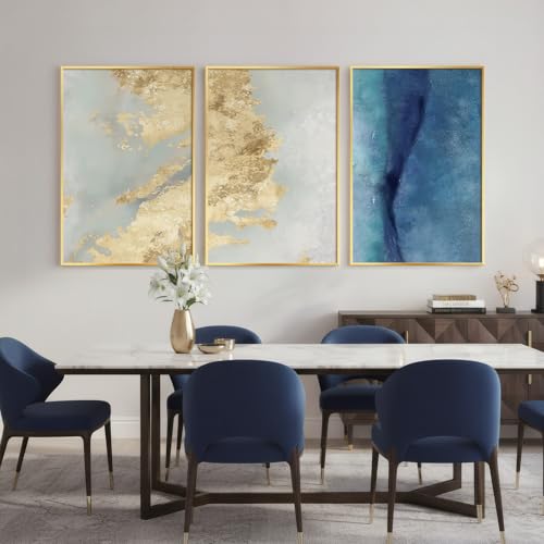 Large Framed Blue Gold Abstract Wall Art for Living Room (3 Count)