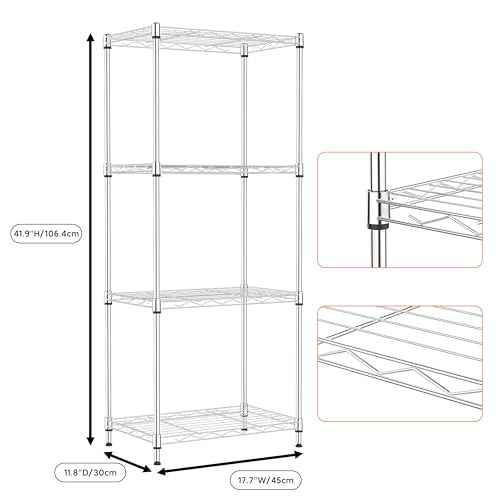 4 Tiers Shelf Metal Storage Shelves Wire Rack Closet Organizers with Wheel for Garage Kitchen Bathroom Laundry Chrome 11.8" D x 17.7" W x 41.9" H
