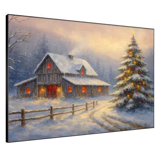36"x46" Extra Large Framed Wall Art Rustic Winter Cabin with Christmas Tree and Snowy Landscape for Home Living Room Bedroom Decor